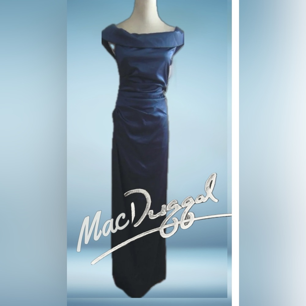 MacDuggal Satin Ruched Gown Midnight Navy SZ 4 Formal Off-Shoulder Long Dress